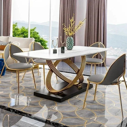 Modern Dining Table With Stainless Steel Finish Black White Desk Top For Six People Home Rectangle Luxury Marble Kitchen Table