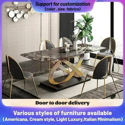 Modern Dining Table With Stainless Steel Finish Black White Desk Top For Six People Home Rectangle Luxury Marble Kitchen Table