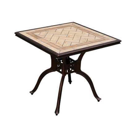 Tile Patio Table Aluminum Frame Outdoor Table Bistro Table All Weather Garden Table Faux Wood Grain Backyard Table Dining Table